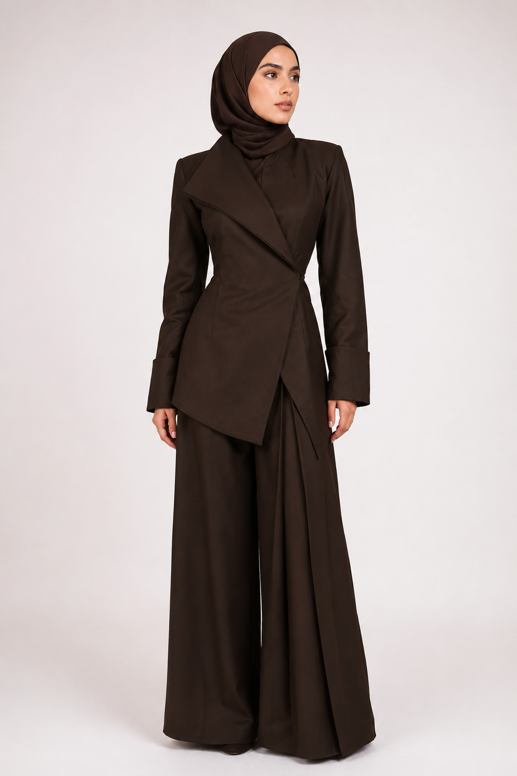 Sculpted Asymmetrical Coat with Pleated Wide-Leg Pant Set