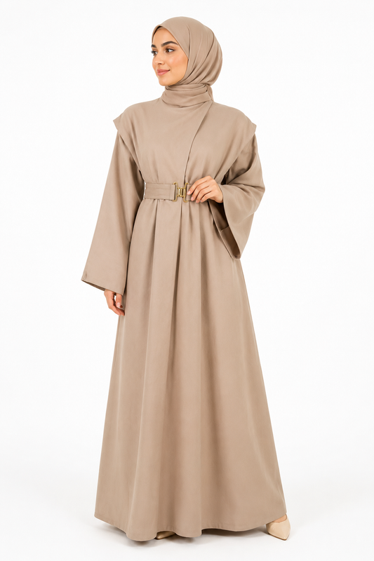 High-Neck Structured Belted Dress
