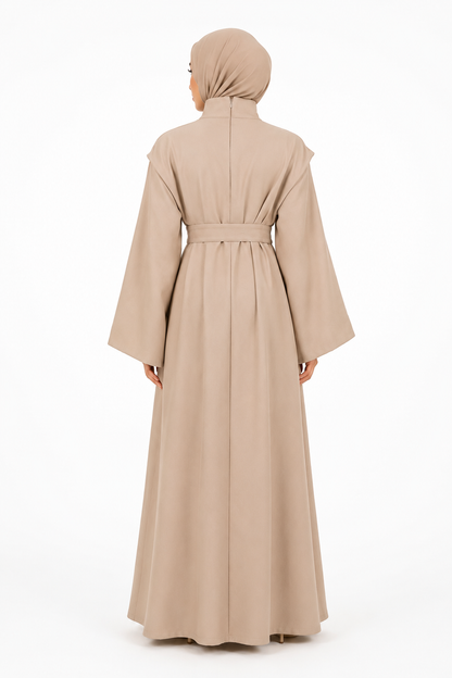High-Neck Structured Belted Dress