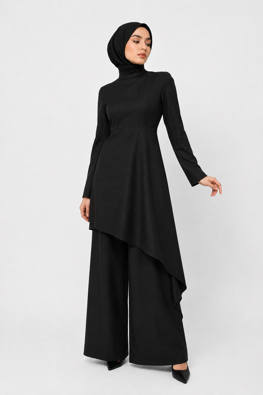 Asymmetrical Layered Top with Flared Pants Set
