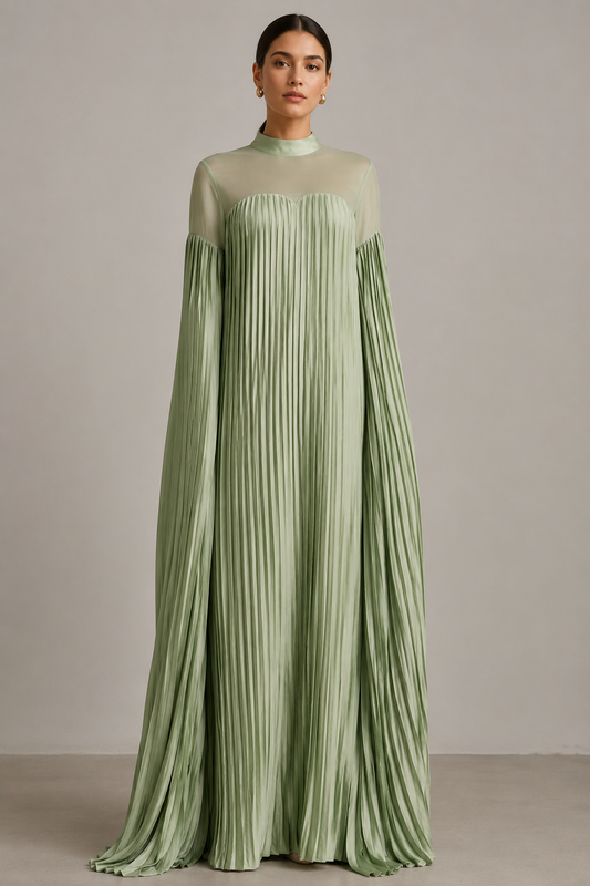 Pleated Satin High Neck Dress