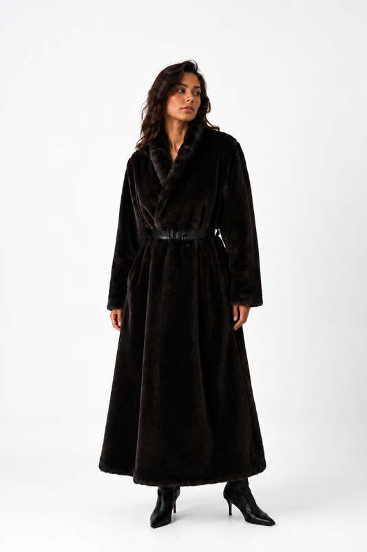 Full-Length Fur Coat with Leather Belt