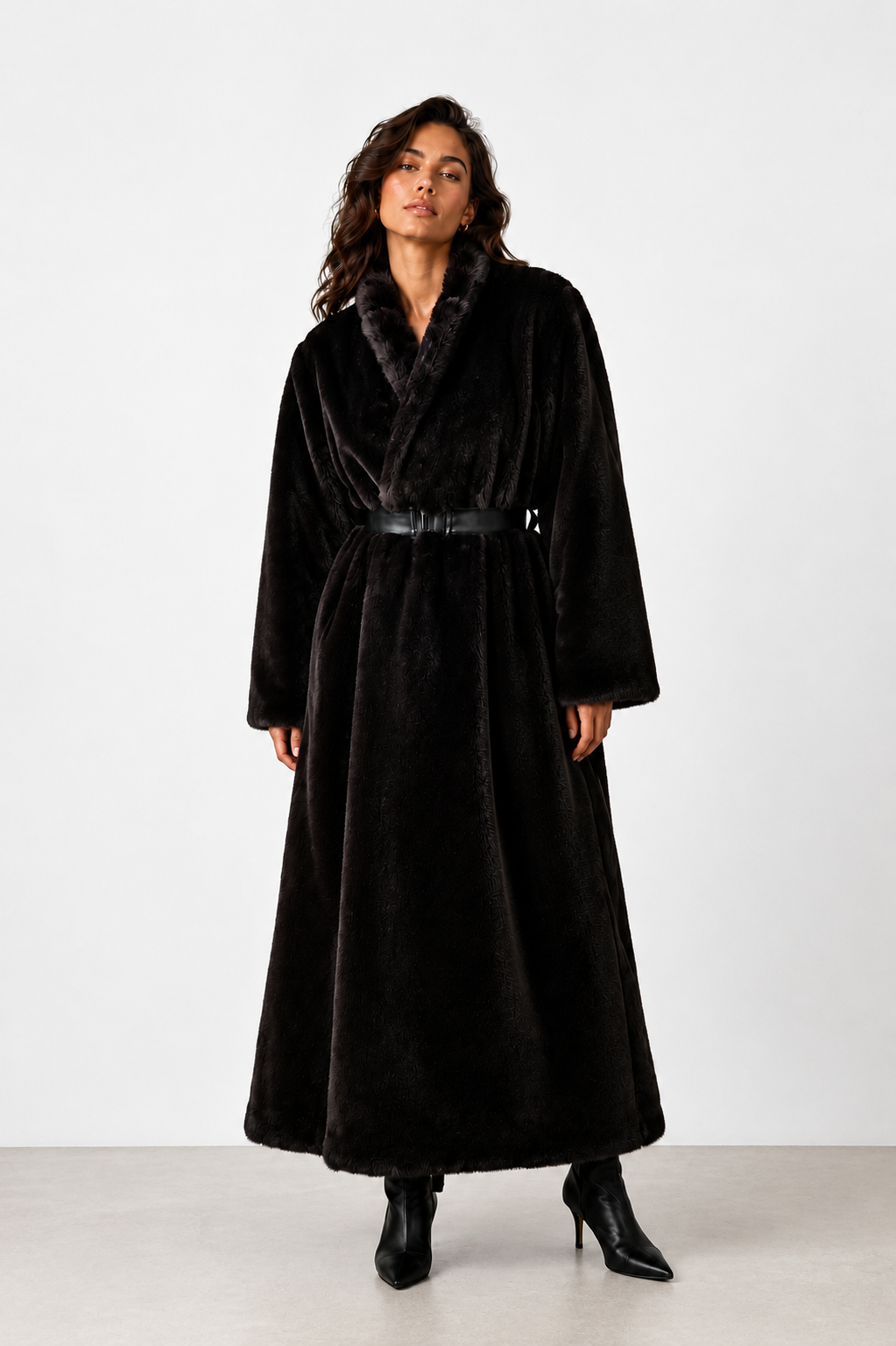 Full-Length Fur Coat with Leather Belt