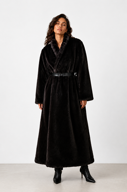 Full-Length Fur Coat with Leather Belt