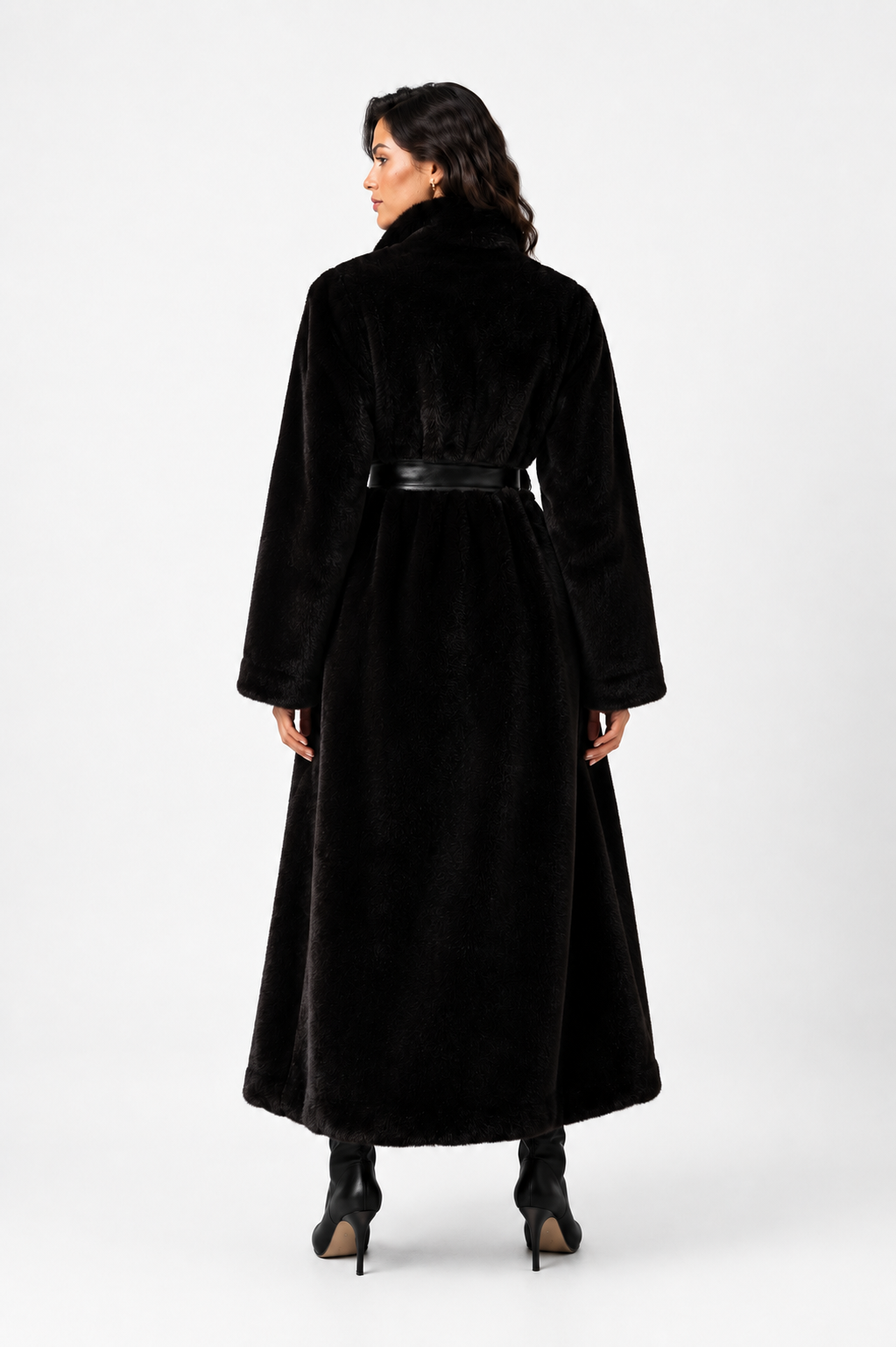 Full-Length Fur Coat with Leather Belt