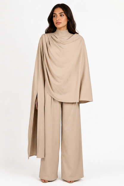 High-Neck Draped Top with Pleated Wide-Leg Pants Set