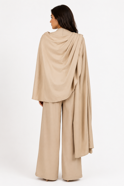 High-Neck Draped Top with Pleated Wide-Leg Pants Set