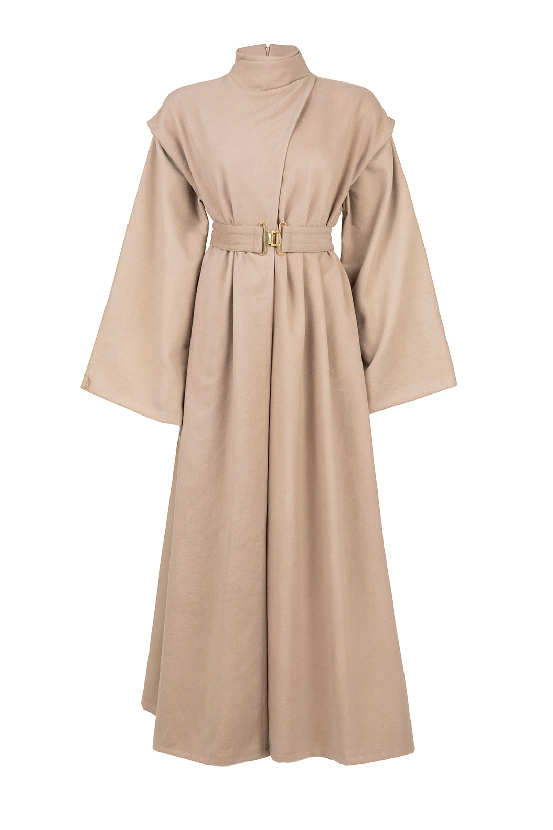 High-Neck Structured Belted Dress