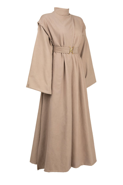 High-Neck Structured Belted Dress