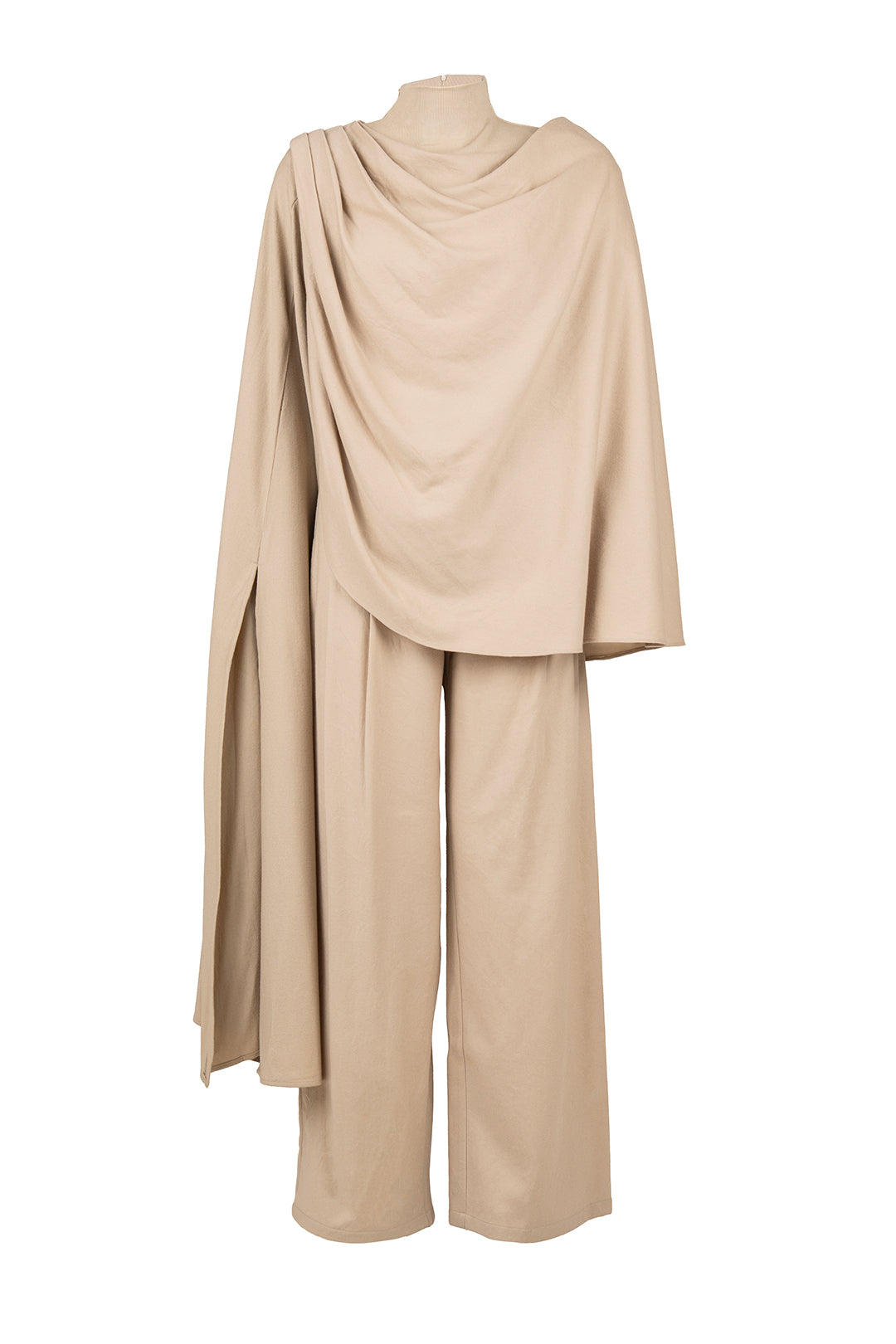 High-Neck Draped Top with Pleated Wide-Leg Pants Set