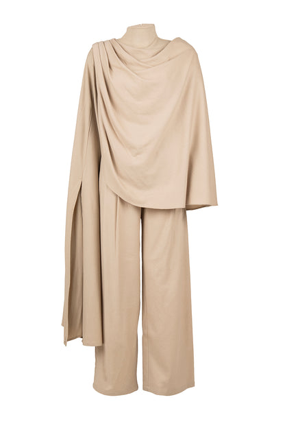 High-Neck Draped Top with Pleated Wide-Leg Pants Set