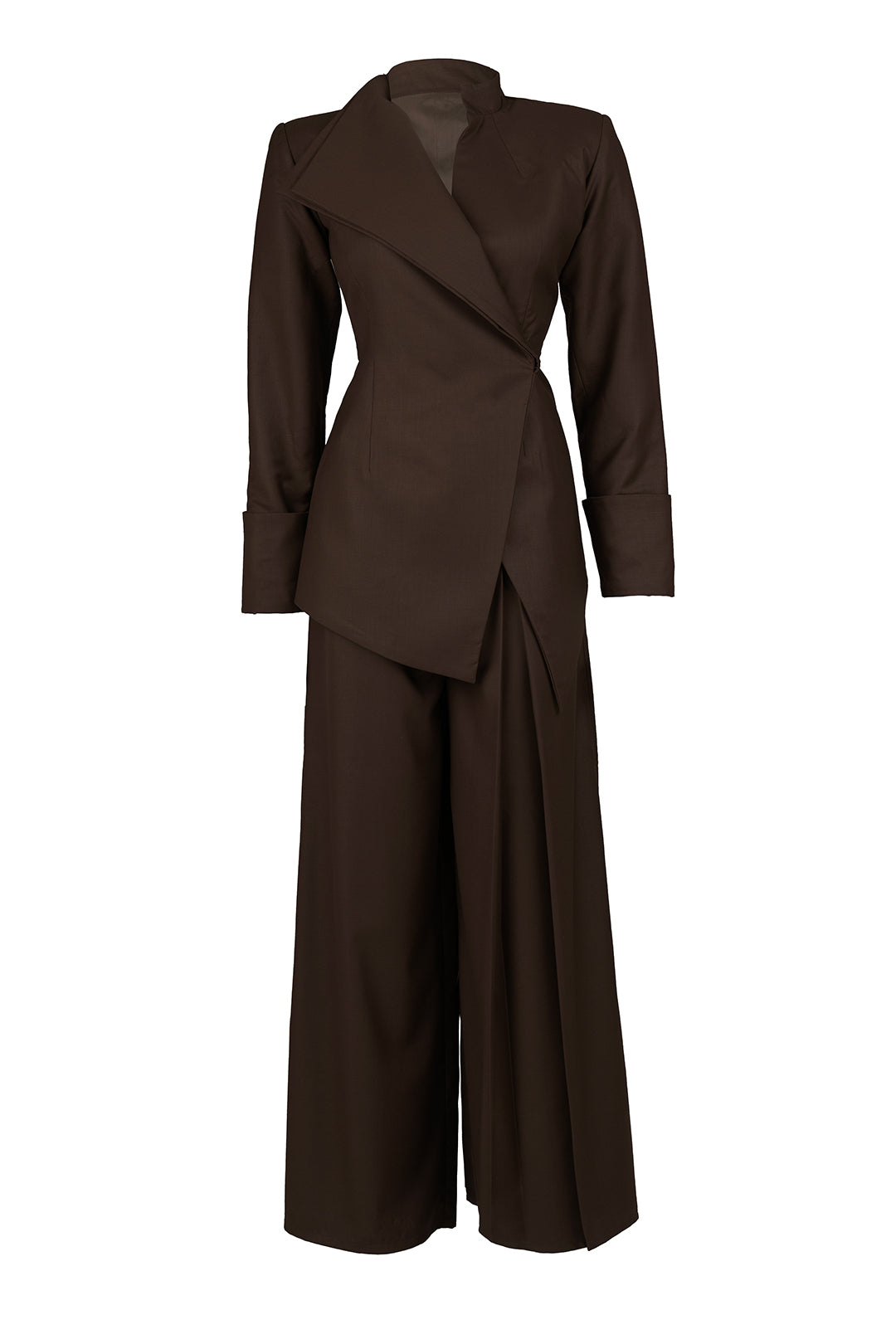 Sculpted Asymmetrical Coat with Pleated Wide-Leg Pant Set