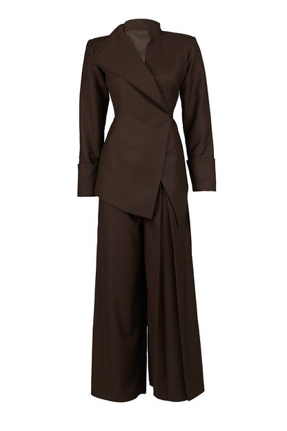 Sculpted Asymmetrical Coat with Pleated Wide-Leg Pant Set